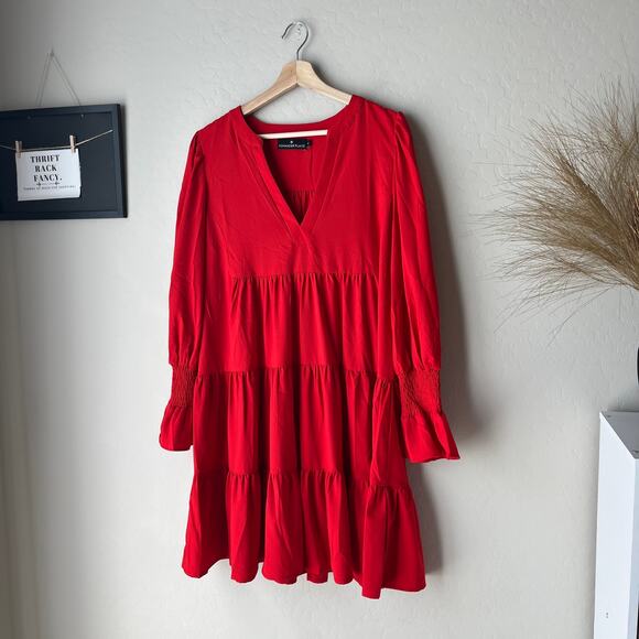 Tuckernuck Pomander Place Kenzo Red Ruffle Tiered V-Neck Mini Dress Size XL - Picture 2 of 7